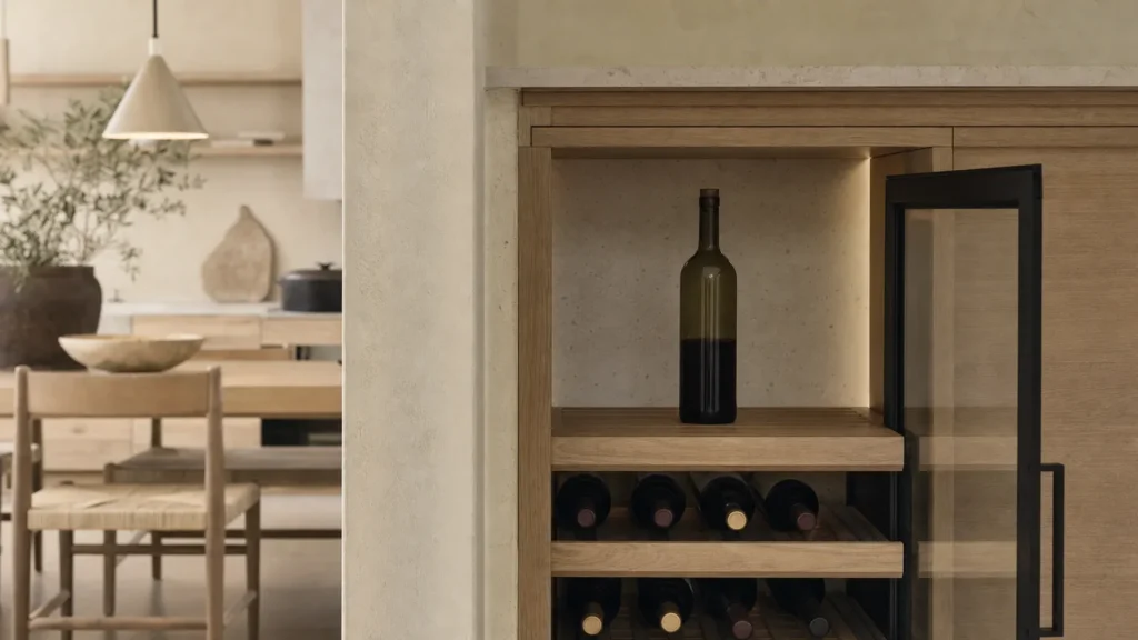 Bouteille de vin rebouchée posée debout sur une clayette d’une cave ouverte, autres bouteilles couchées en dessous