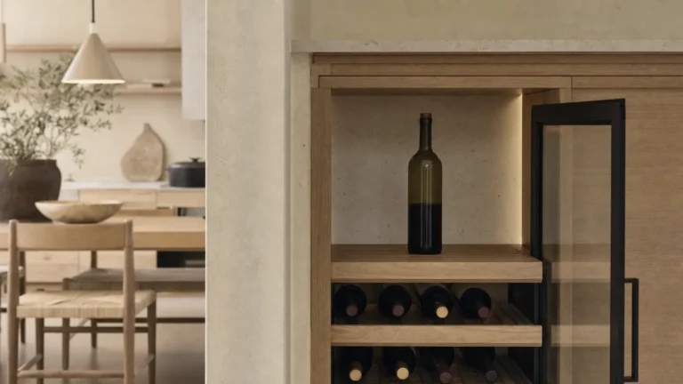 Bouteille de vin rebouchée posée debout sur une clayette d’une cave ouverte, autres bouteilles couchées en dessous