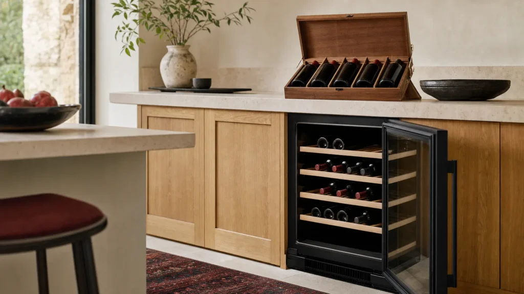 Cave à vin sous plan de travail ouverte, clayettes en bois en partie remplies, coffret de six bouteilles posé sur le plan de travail