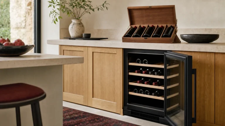 Cave à vin sous plan de travail ouverte, clayettes en bois en partie remplies, coffret de six bouteilles posé sur le plan de travail