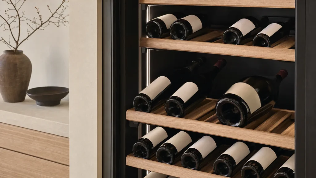 Intérieur de cave à vin : bouteilles couchées de formes différentes, bordelaises, bourguignonnes, champagne et magnum, sur des clayettes en bois