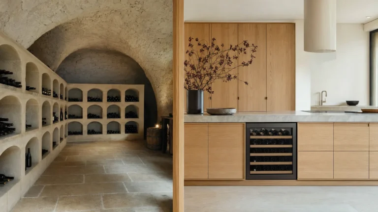 Image en deux parties : à gauche une cave voûtée en pierre avec des casiers à bouteilles, à droite une cuisine en chêne avec une cave sous plan