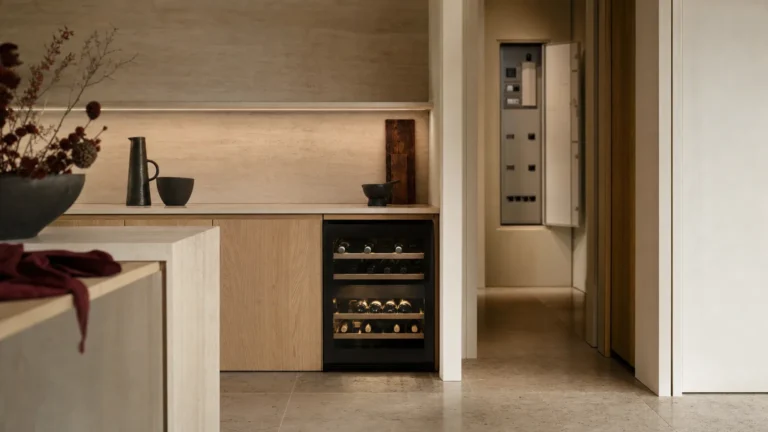 Cuisine sobre au crépuscule, cave à vin sous plan éclairée et, au fond du couloir, un tableau électrique entrouvert