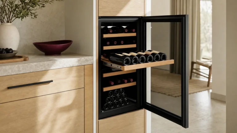 Cave à vin porte ouverte, une clayette en bois tirée sur ses glissières avec des bouteilles couchées