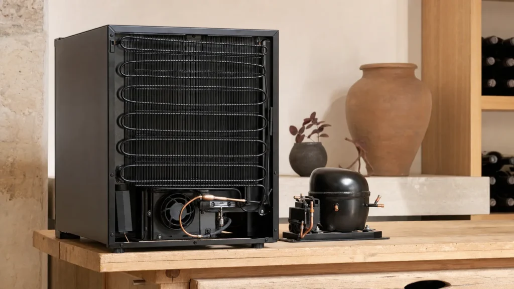 Arrière d’une petite cave à vin posée sur un établi, grille d’échangeur noire et ventilateur visibles, compresseur posé à côté