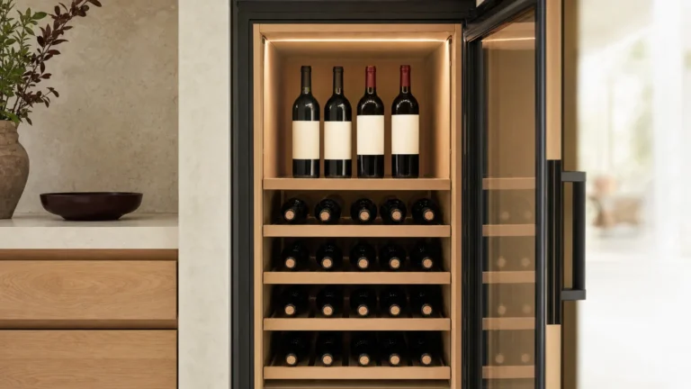 Cave à vin ouverte : bouteilles debout sur la clayette du haut, bouteilles couchées sur les clayettes du bas