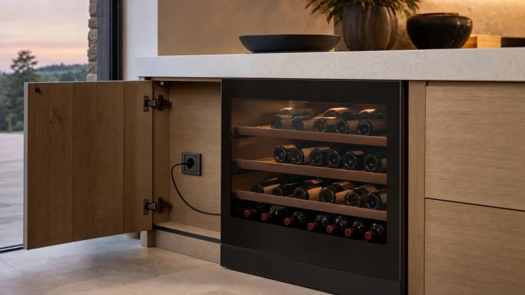 Cave à vin sous plan éclairée au crépuscule, porte du meuble voisin entrouverte sur une prise électrique et un câble rangé