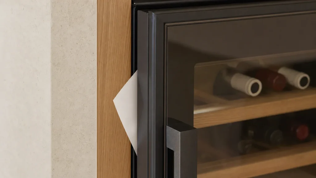 Porte vitrée d’une cave à vin refermée sur une feuille de papier blanc coincée contre le joint, bouteilles derrière la vitre