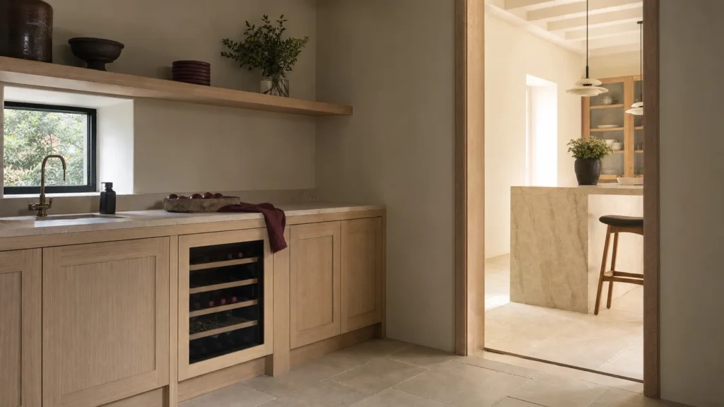 Cave à vin intégrée dans une arrière-cuisine fraîche au sol de pierre, cuisine ensoleillée visible par une porte ouverte