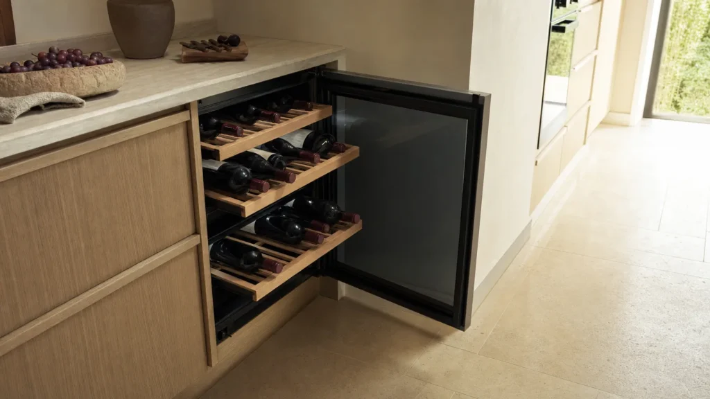 Cave à vin sous plan au bout d’une rangée de meubles, porte vitrée grande ouverte à côté d’un meuble haut, clayettes à demi sorties