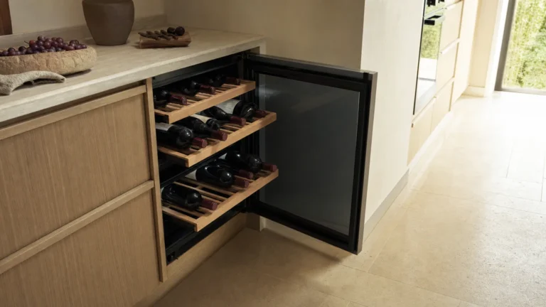 Cave à vin sous plan au bout d’une rangée de meubles, porte vitrée grande ouverte à côté d’un meuble haut, clayettes à demi sorties