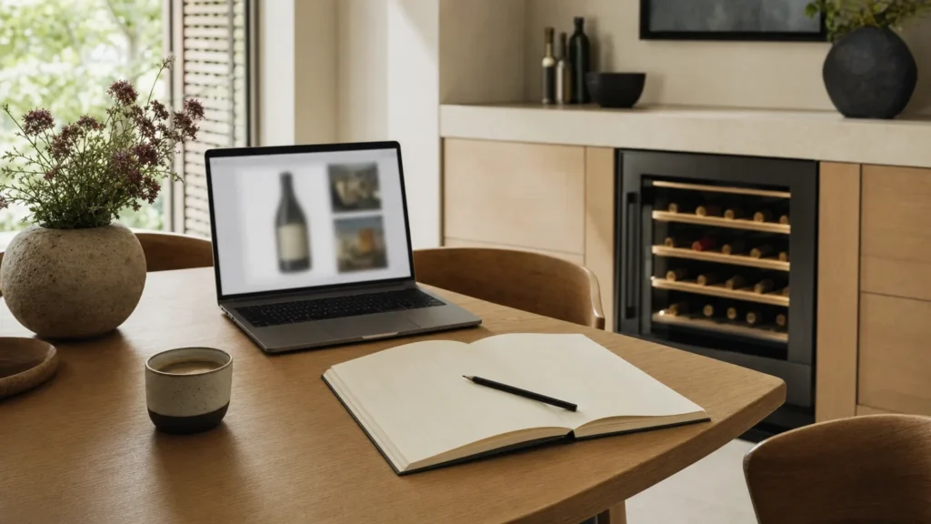 Ordinateur portable, carnet à colonnes vierges et tasse de café sur une table, cave à vin sous plan dans la cuisine derrière