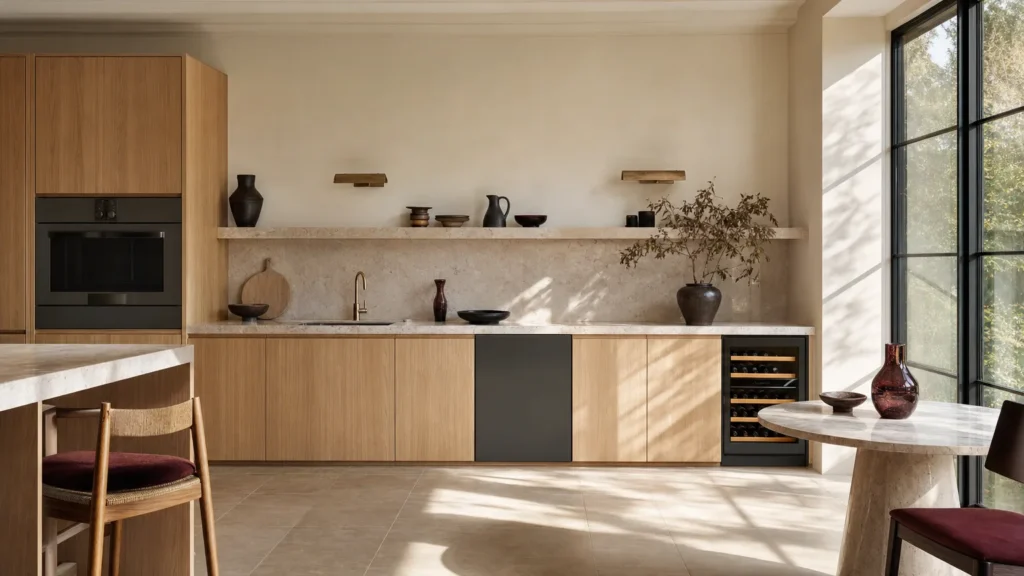 Cuisine ensoleillée avec un four encastré en colonne et, quelques meubles plus loin, une cave à vin sous plan