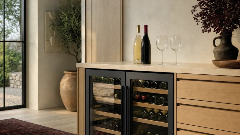 Bouteille de vin blanc couverte de buée et bouteille de rouge sur le plan de travail, à côté d’une cave à deux compartiments, deux verres prêts