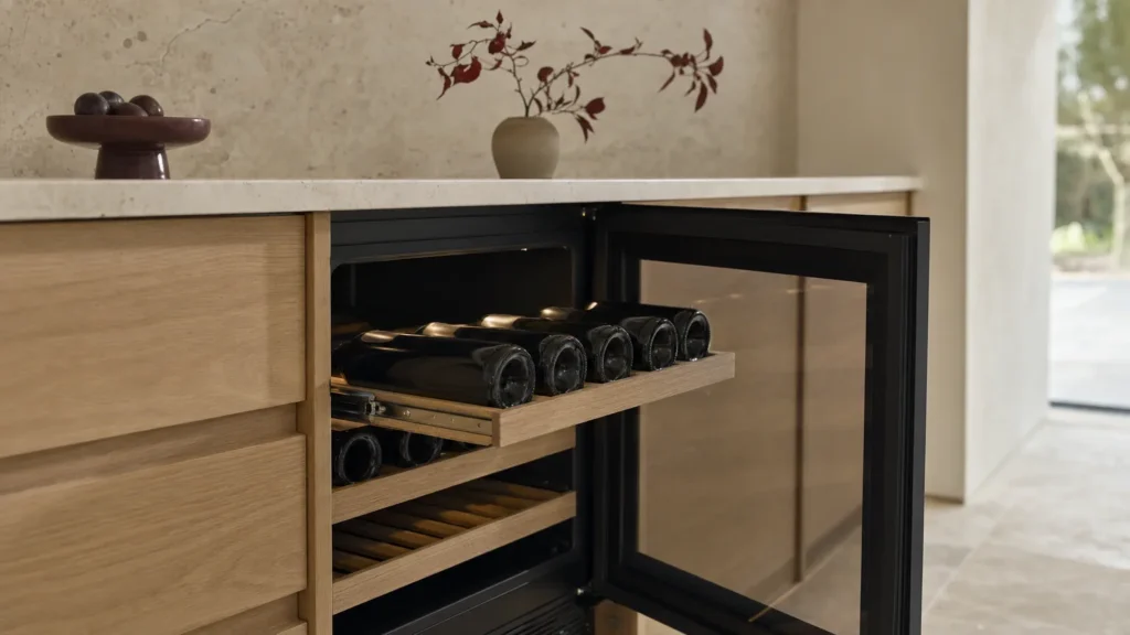 Cave à vin sous plan porte ouverte, une clayette en bois sortie sur ses rails télescopiques avec des bouteilles couchées