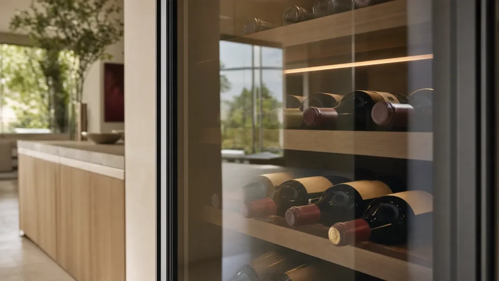 Porte vitrée teintée d’une cave à vin reflétant une fenêtre ensoleillée, bouteilles couchées sur des clayettes éclairées