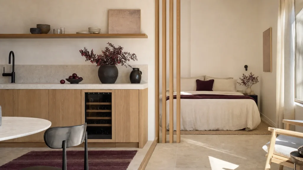 Studio ouvert : cuisine avec cave à vin sous plan et, à quelques mètres, un lit derrière une claustra en bois